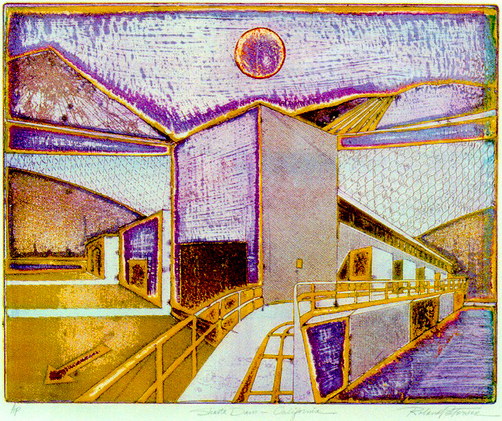 A color intaglio print of Shasta Dam