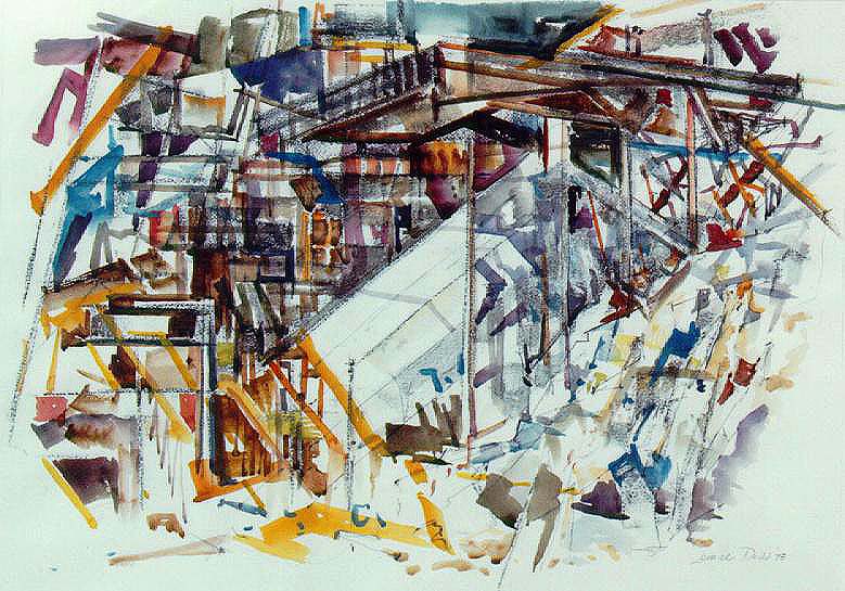 Watercolor image of excavations for the Third Powerhouse at Grand Coulee Dam