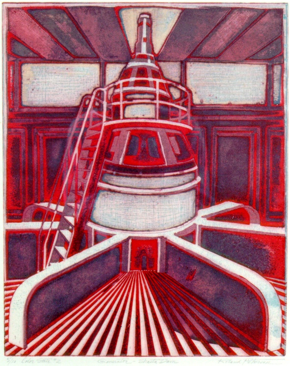 Color intaglio print of a generator at Shasta Dam