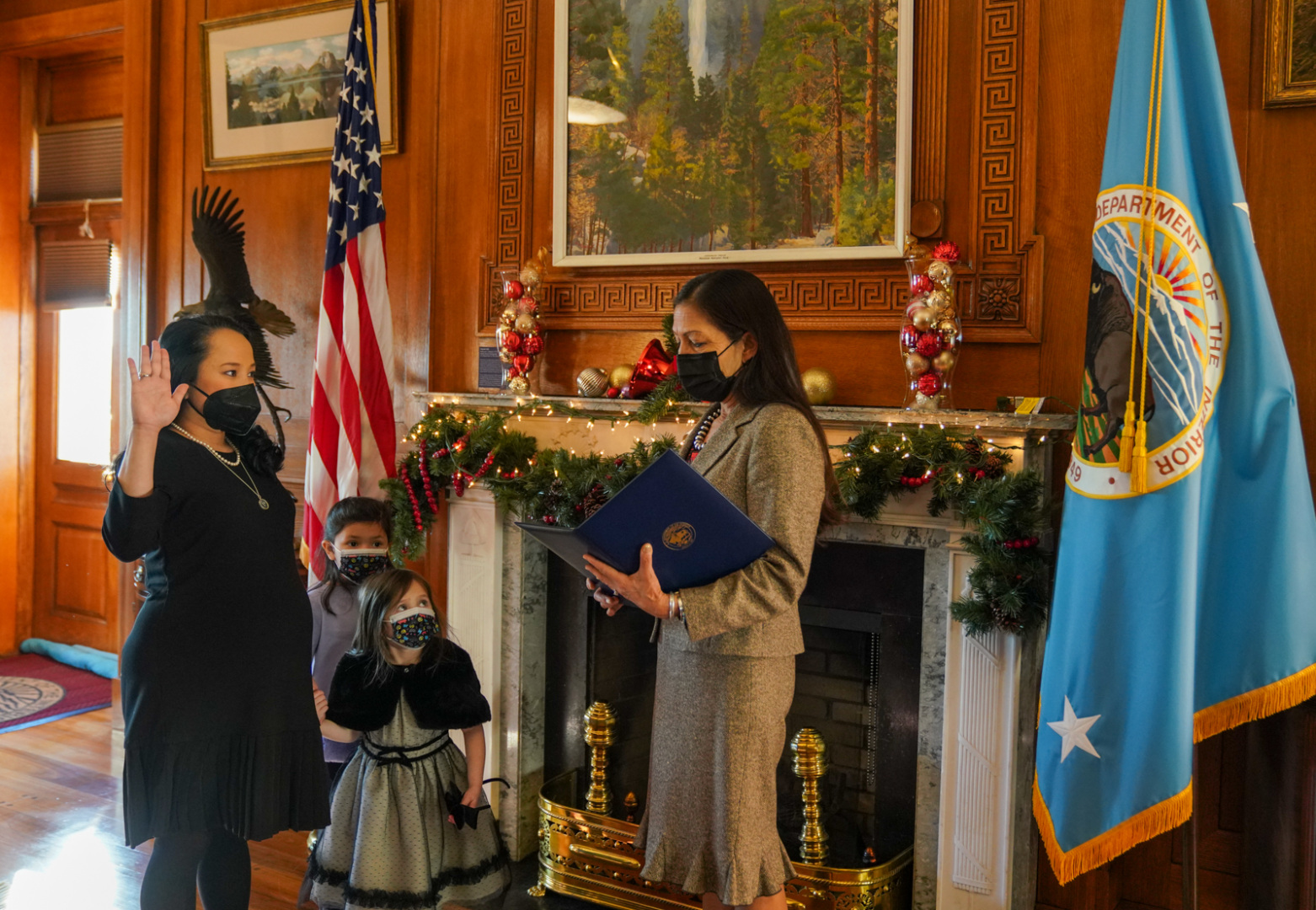 Camille Calimlim Touton being sworn in as Reclamation's Commissioner by Secretary Deb Haaland