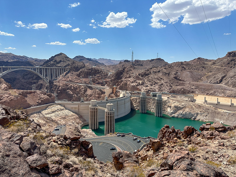 The current water level of Lake Mead behind the Hoover Dam.