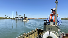 Reclamation Foreman Damon Yabo returns to shore after visiting the dredge. The sediment removal effort is needed to keep water flowing through the Imperial Dam to water users in Arizona and California. (📸 by Tim Dewar) 