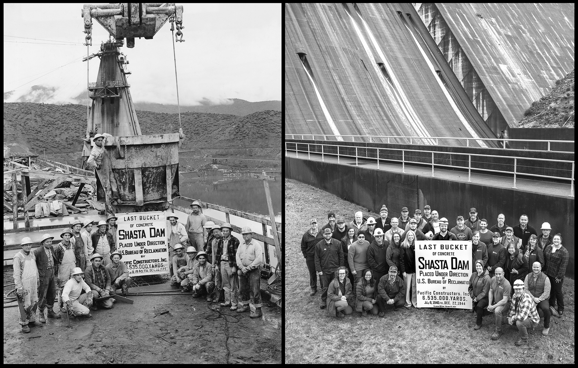 On the left is the original 1944 photo of the last bucket. On the right is the current staff with the dam in the background.