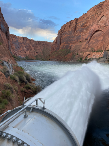 Water streaming out of a bypass tube at Glen Canyon Dam
