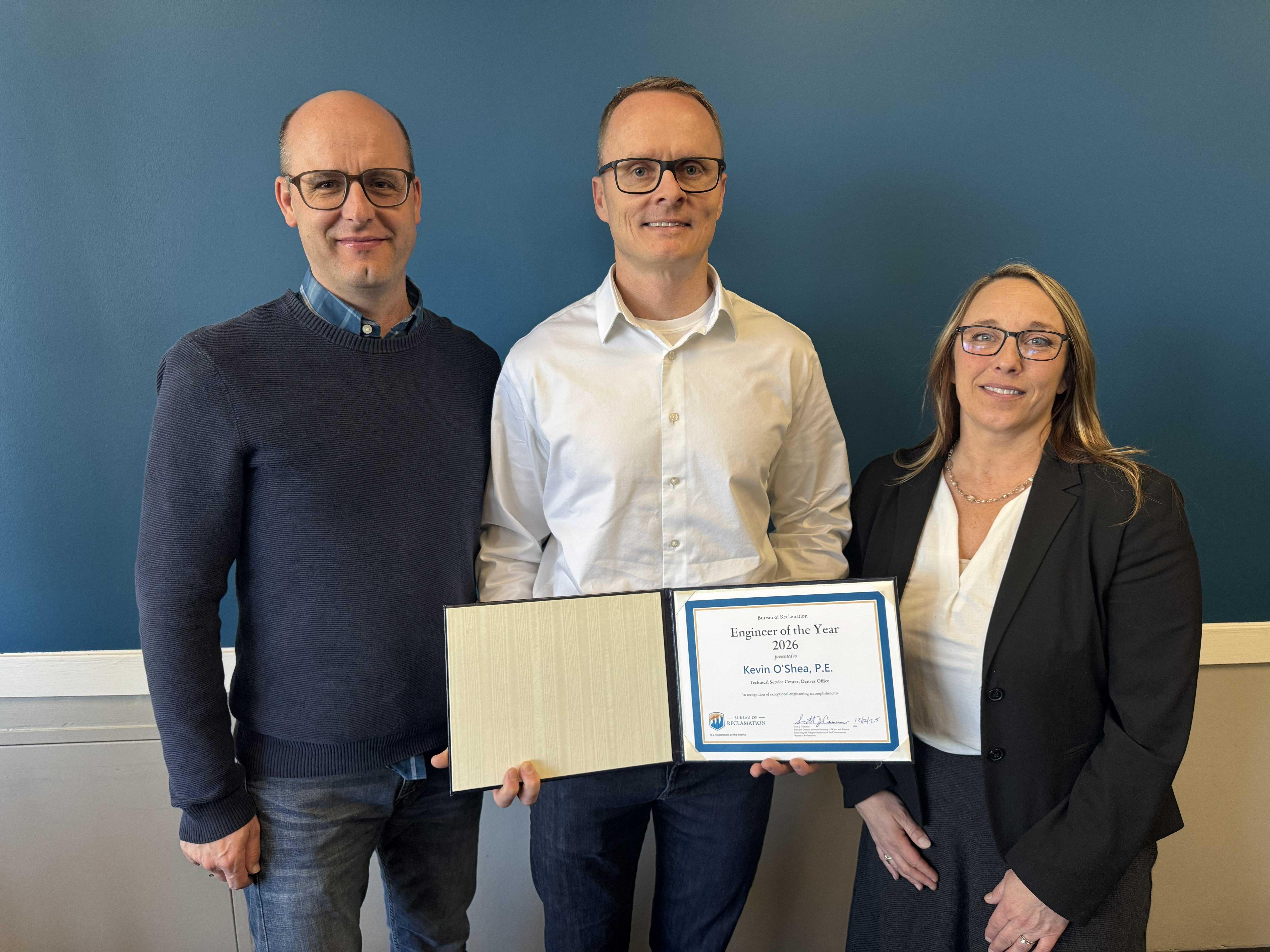 Kevin O'Shea was selected as Reclamation's 2026 Engineer of the Year. (Pictured from left Division Chief David Kresin, Kevin O'Shea, Technical Service Director Katie Bartojay)