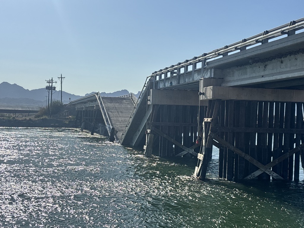 The Hart Mine Road Bridge collapsed following structural damage believed to have been caused by a recent fire.