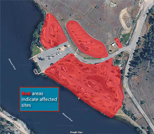 Map of the affected campgrounds that are closed beginning September 13, 2026.