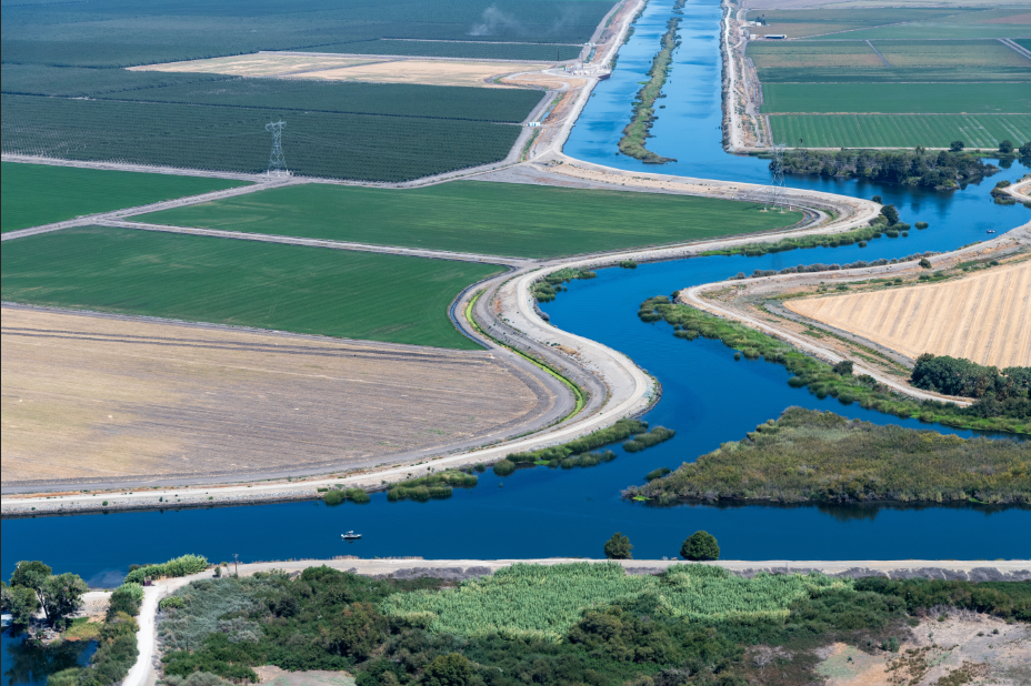 An aerial view of Victoria Island levee along the Old River in San Joaquin County