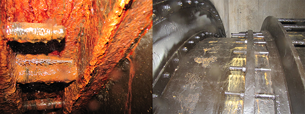 Before & After. The leaking expansion joints allowed rust to build up on the penstock’s exterior (left photo). The maintenance crew thoroughly removed the rust and had the penstock looking shiny and new again (right photo) so the mechanical crew could begin pulling the joint apart.  