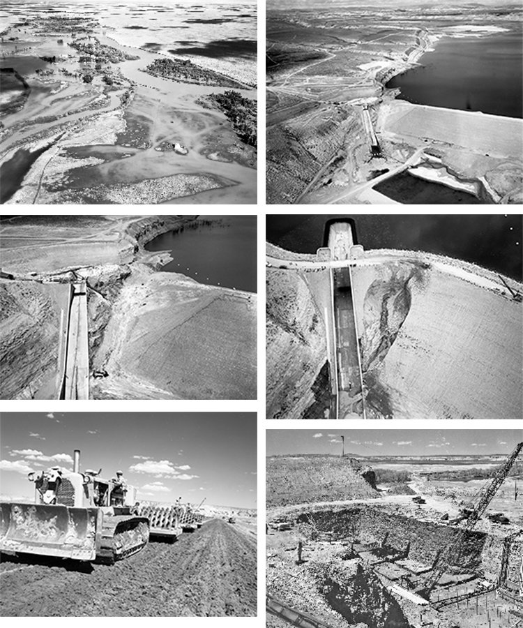 black and white photos showing construction efforts to repair the hole in Fontenelle dam