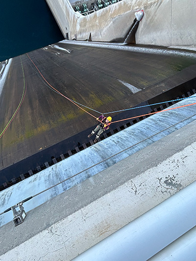 : Jenna descending the initial 50-foot free fall.