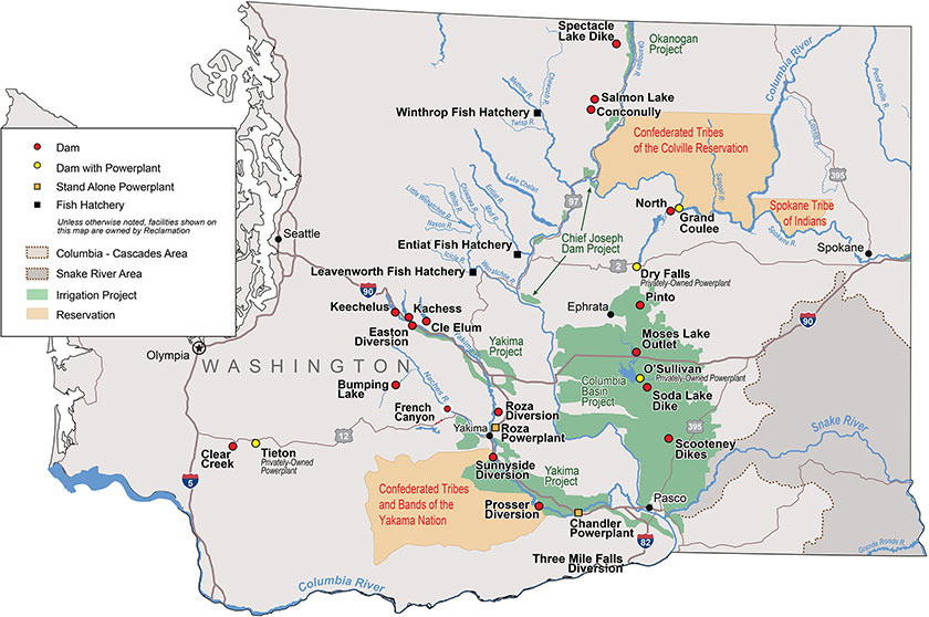 Map of Washington showing Dams and Powerplants