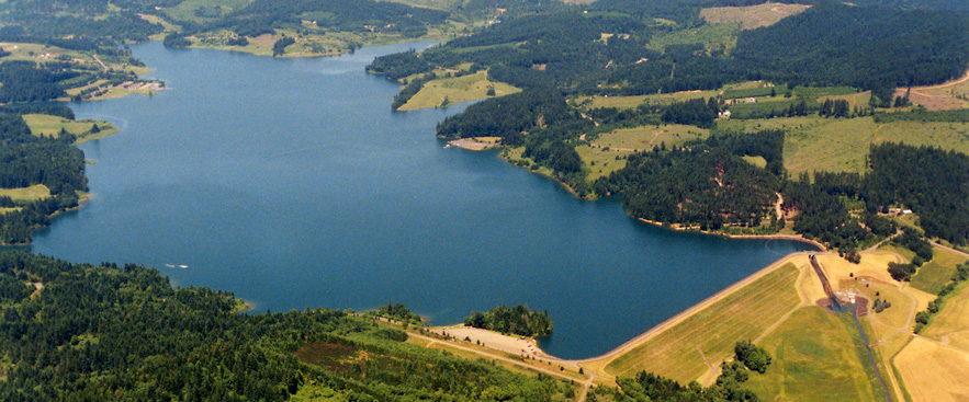 Aerial view of Henry Haag Lake and Scoggins Dam looking northwest