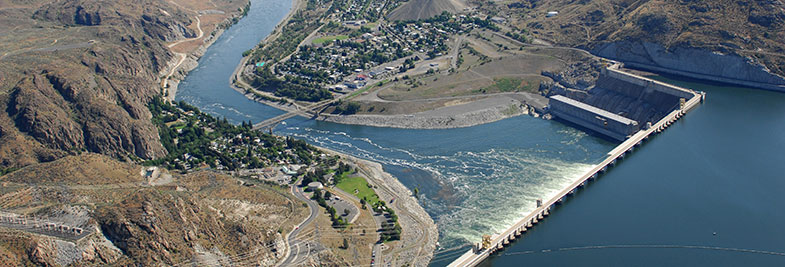 Aerial View of Columbia River coming from Grand Coulee Dam