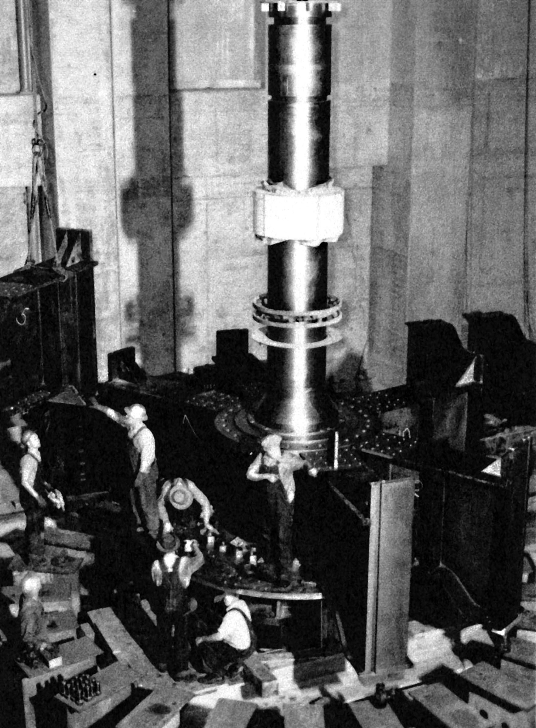 Photo taken July 20, 1942. Assembling the structural steel spider of a Shasta generator at Grand Coulee Dam.