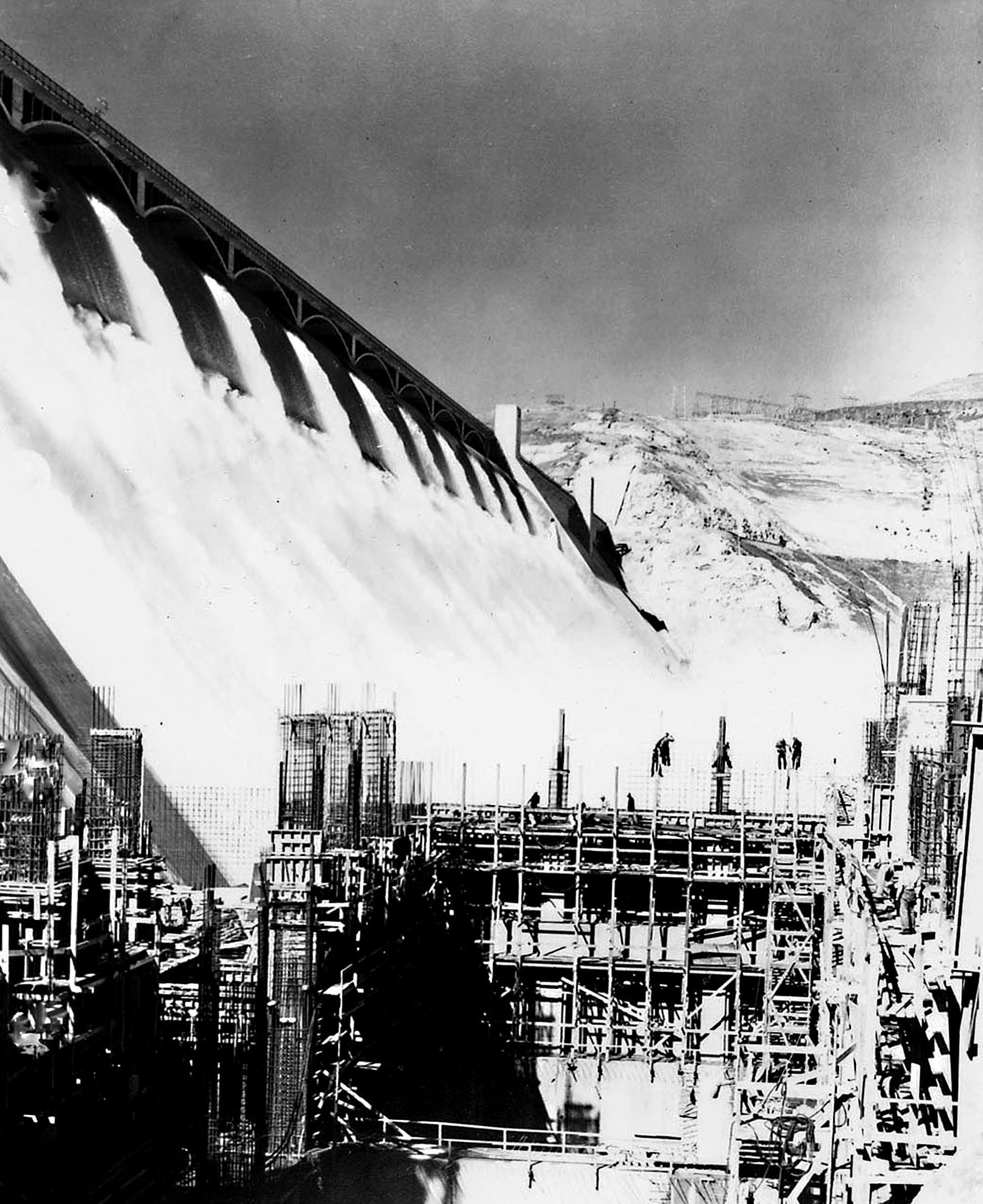 Circa 1942. The east side powerhouse at Grand Coulee Dam.