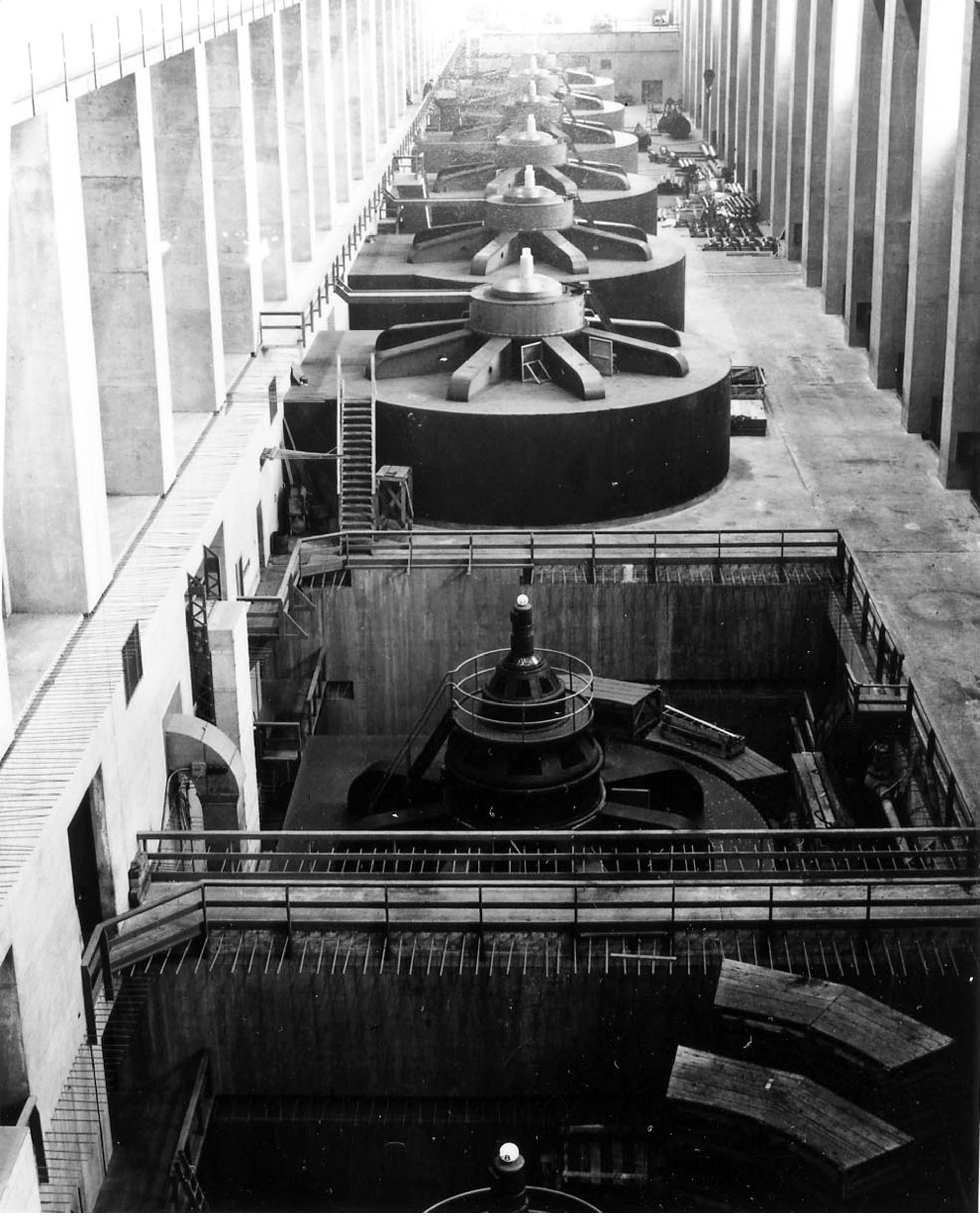 December 29, 1943. Interior of the west powerhouse at Grand Coulee Dam.
