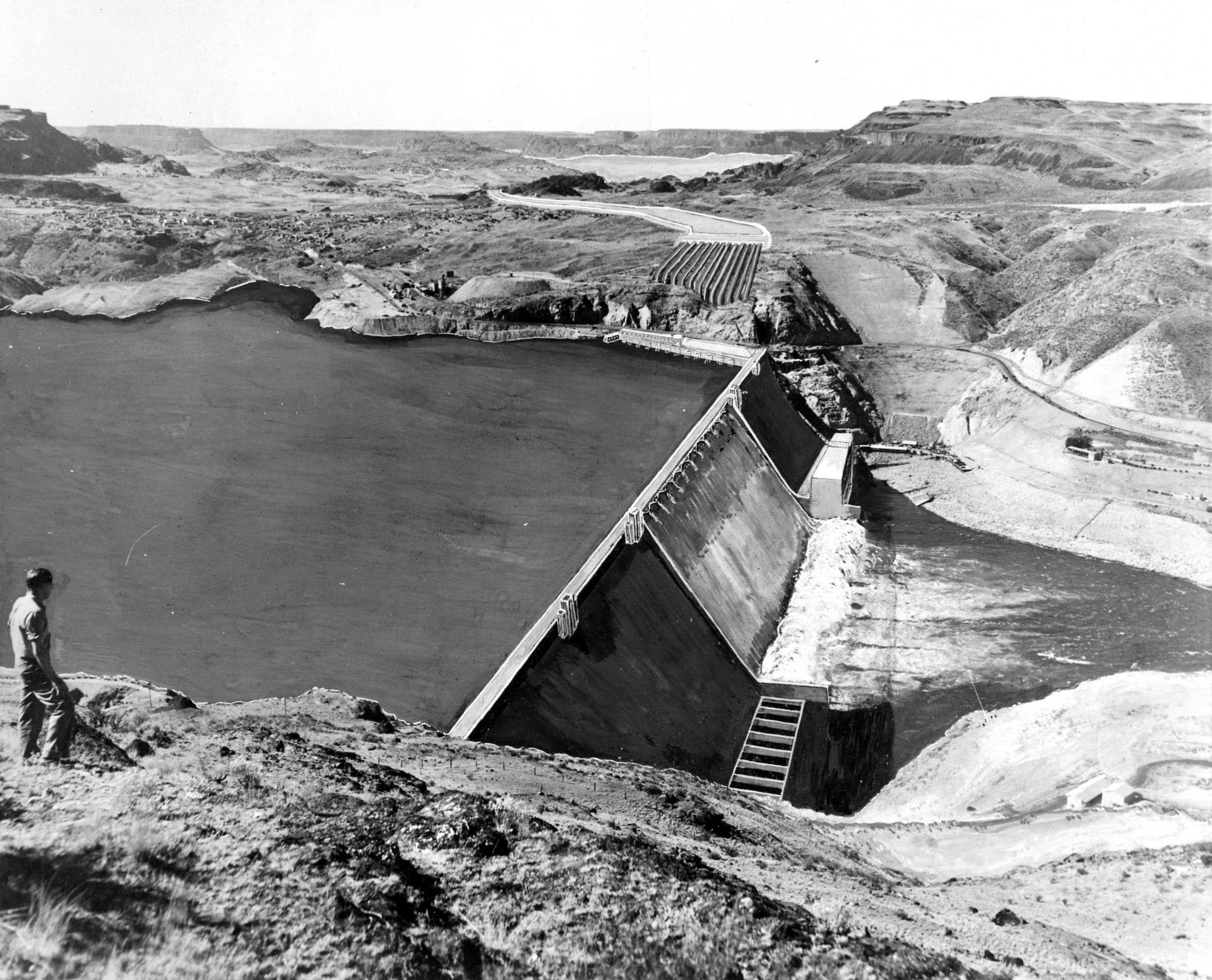 Circa 1947. Looking west over Grand Coulee Dam.