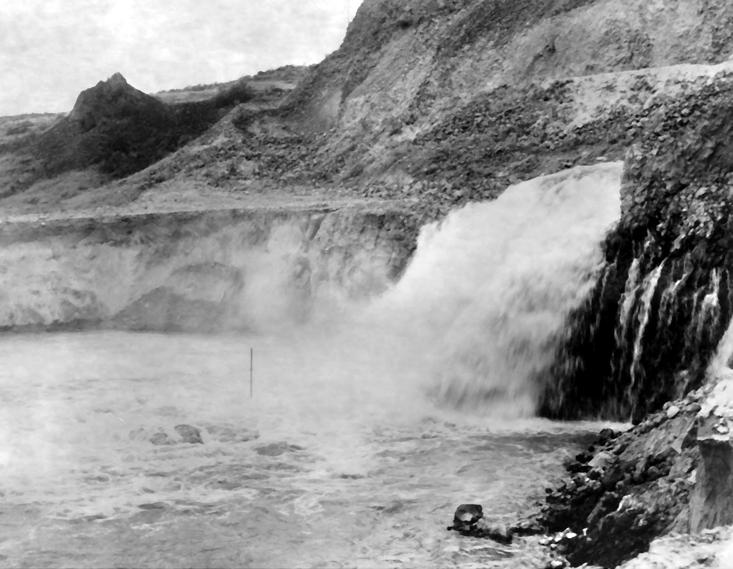 May 10, 1951. Water from Lake Roosevelt behind Grand Coulee Dam dumping into Banks Lake equilizing reservoir from feeder canal.