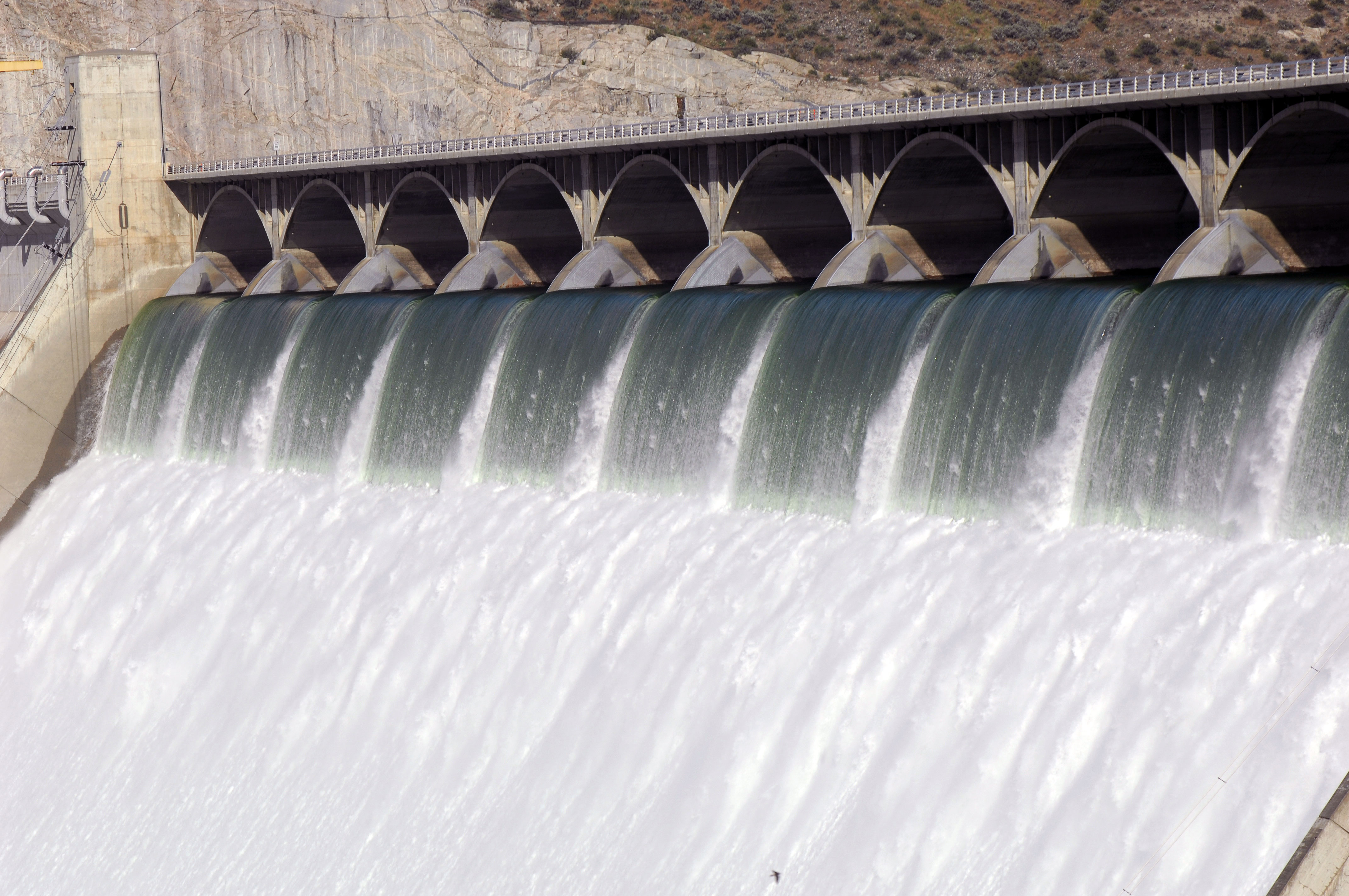 June 30, 2011. Grand Coulee Dam operators released over 200,000 cfs downstream during an unusually large and late spring runoff. The spillway is carrying 33,800 cfs, while 167,000 cfs through the hydropower generators.