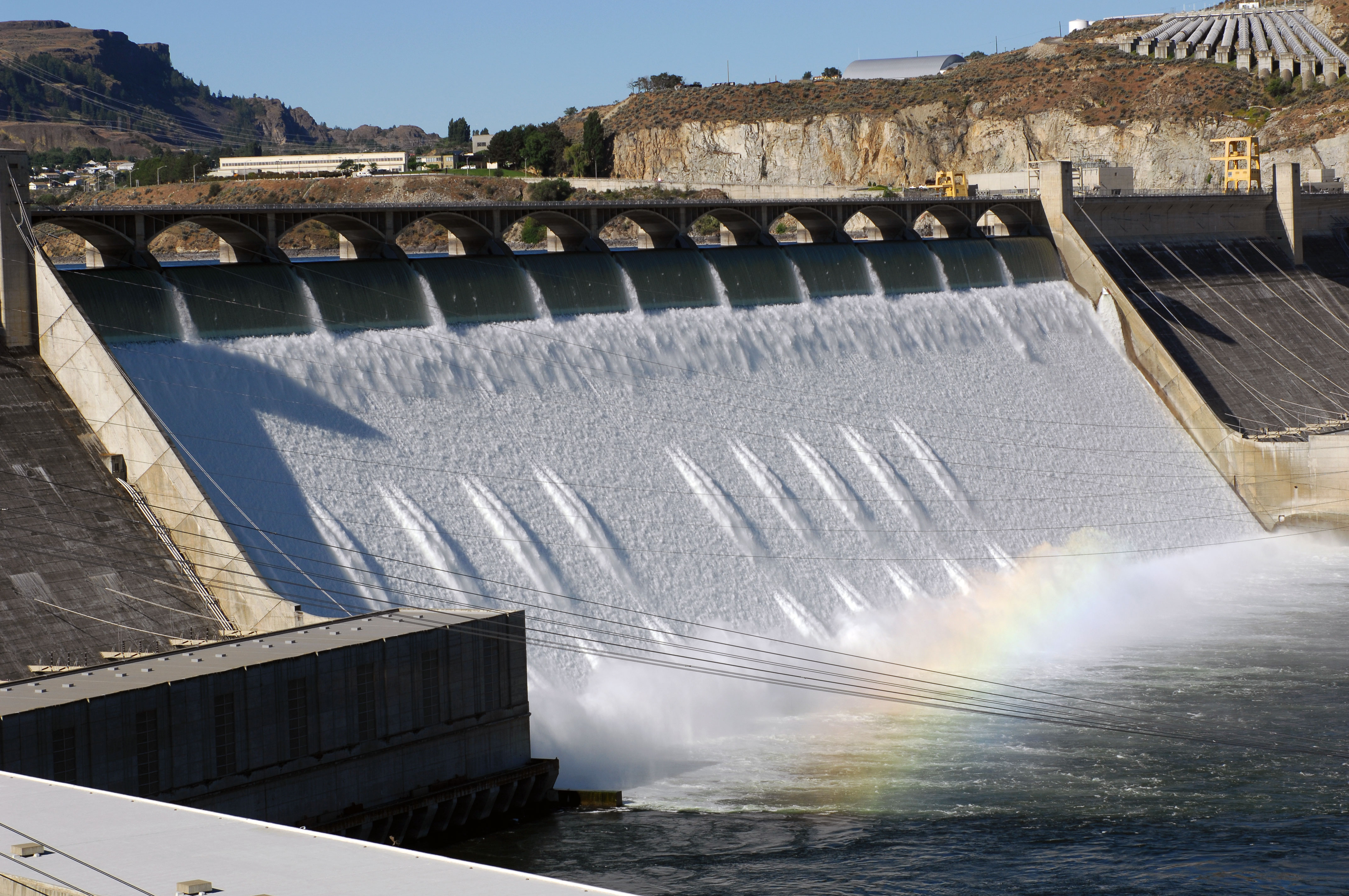 June 30, 2011. Grand Coulee Dam operators released over 200,000 cfs downstream during an unusually large and late spring runoff. The spillway is carrying 33,800 cfs, while 167,000 cfs through the hydropower generators.