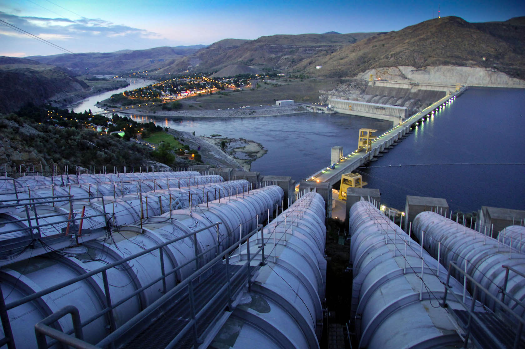 August 1, 2012. Exterior view of Grand Coulee dam and forebay from above the John Keys Pump Generation Plant intakes.
