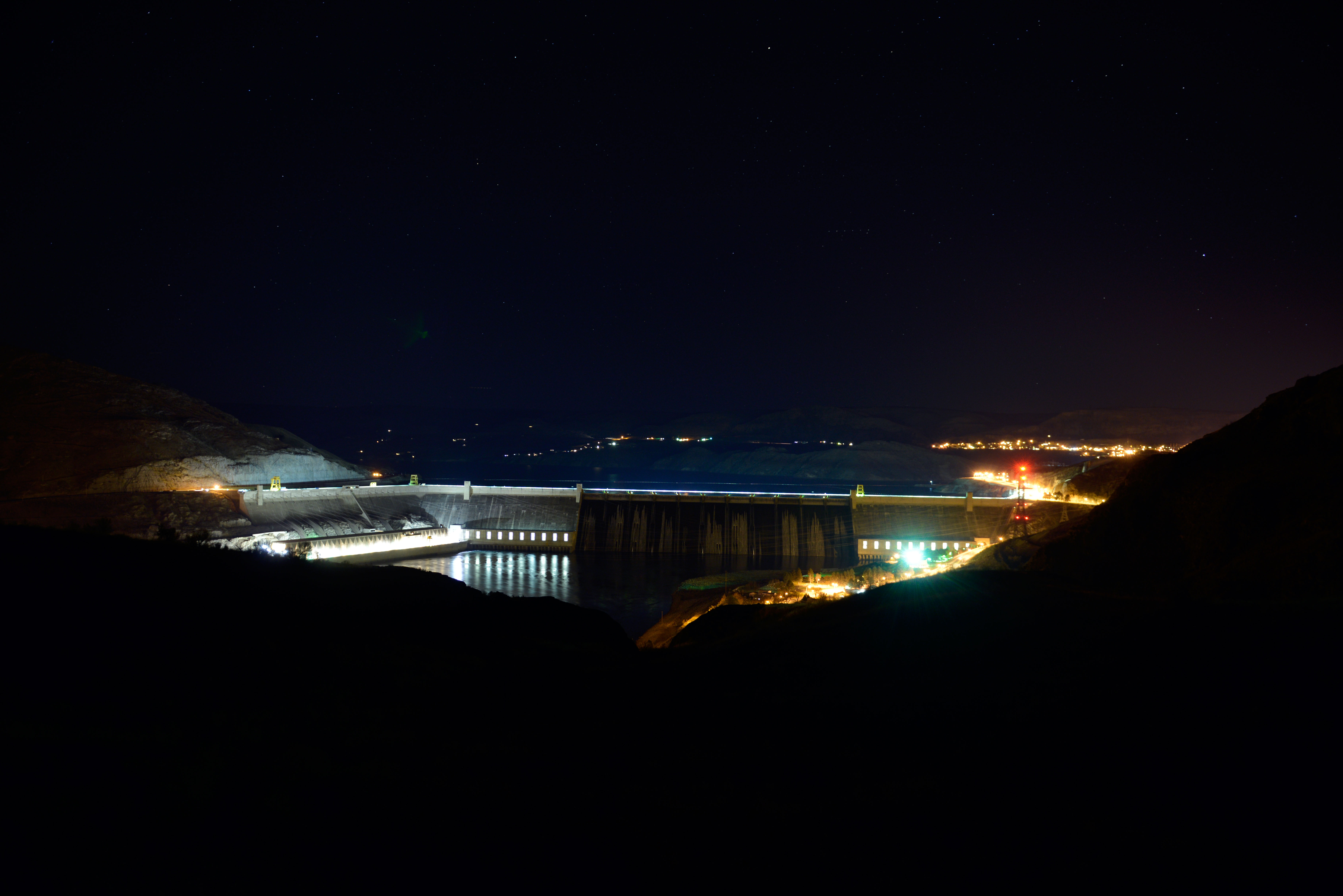 November 21, 2013. Long exposure night shot of Grand Coulee Dam and the Third Powerplant taken from Crown Point.