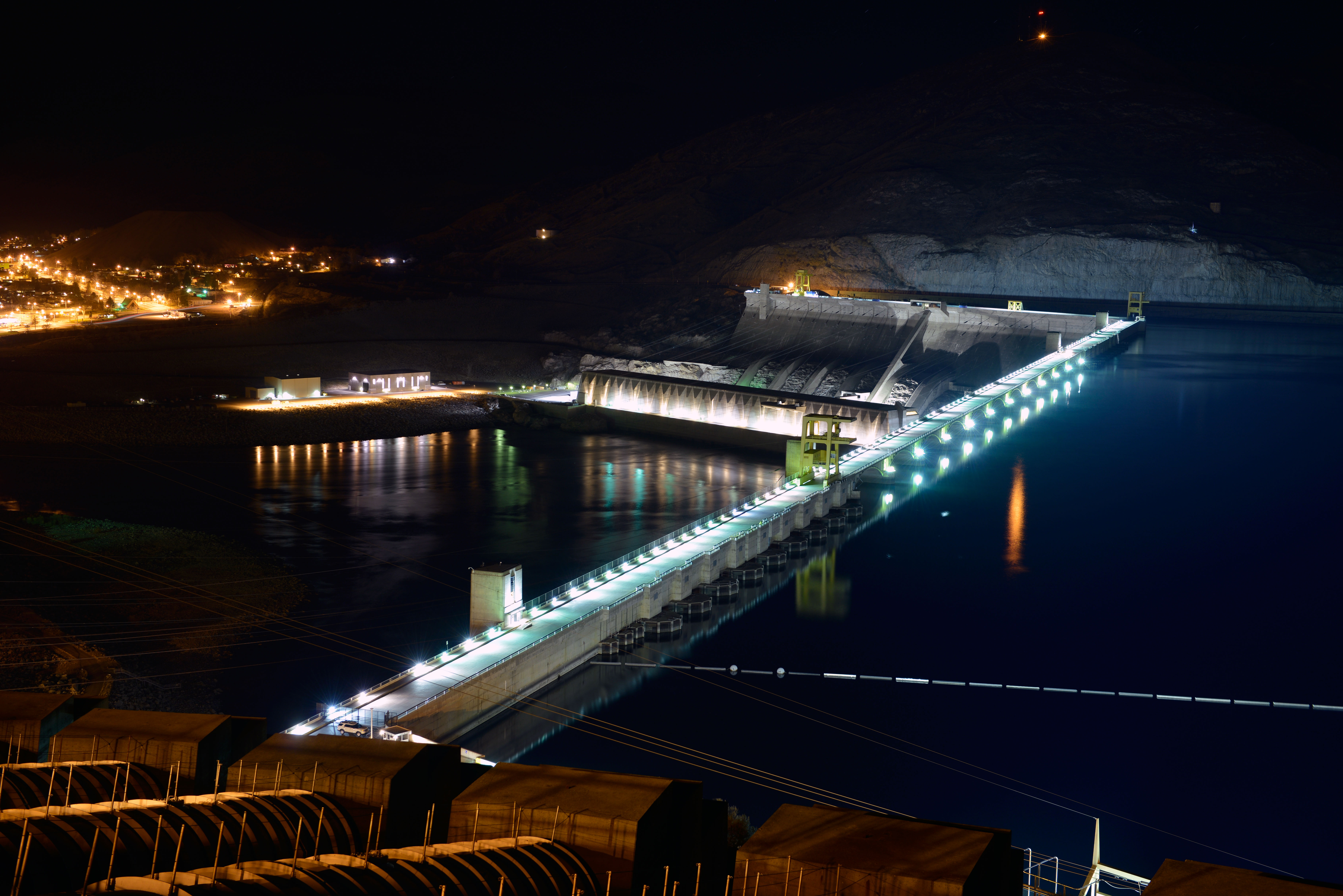 November 21, 2013. Long exposure night shot of Grand Coulee Dam and the Third Powerplant taken from above the John W. Keys III Pump-Generation Plant.