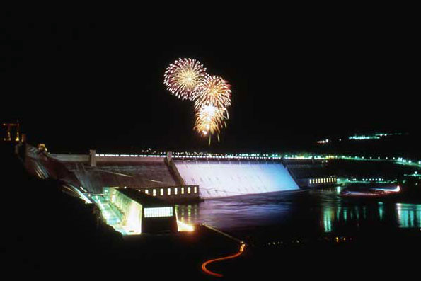 May 24, 1987. Lights and fireworks at Grand Coulee Dam. Columbia Basin Project, Washington.