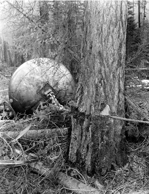 View showing use of 4.5 ton, 8' diameter steel ball in Hungry Horse reservoir clearing operations. May 3, 1950.