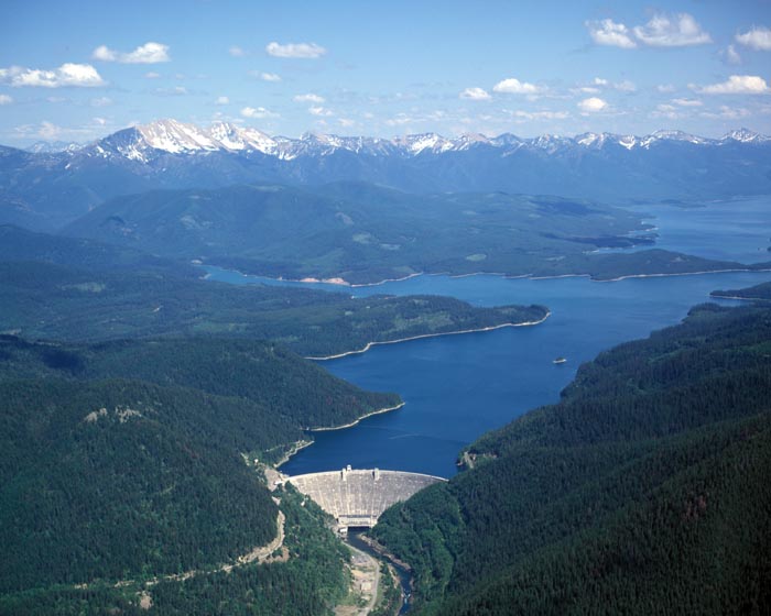 Aerial of Hungry Horse Dam and Hungry Horse Reservoir.