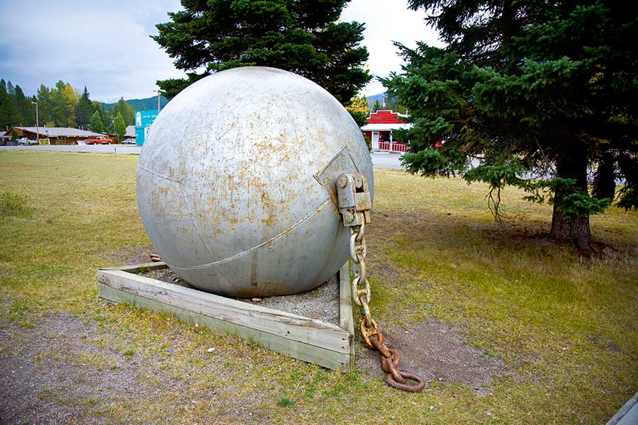 4.5 ton, 8 foot diameter steel ball used in Hungry Horse clearing operations.