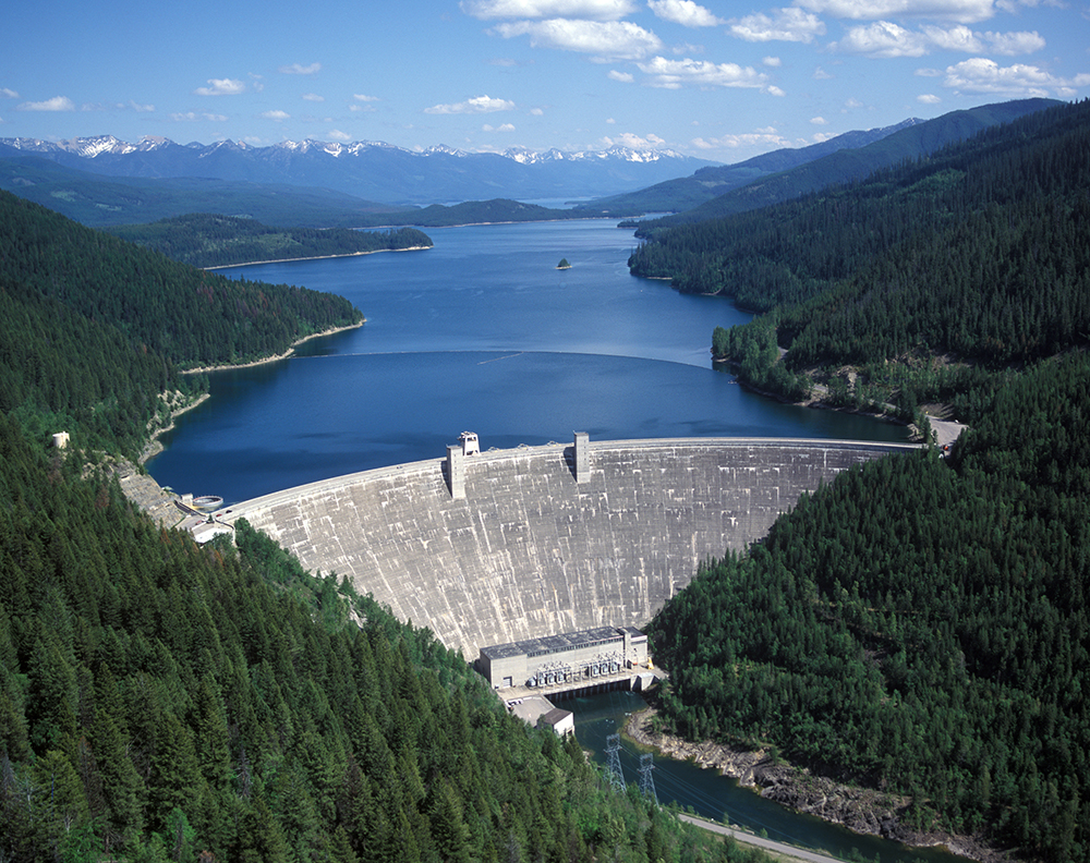Aerial of Hungry Horse Dam and Hungry Horse Reservoir.