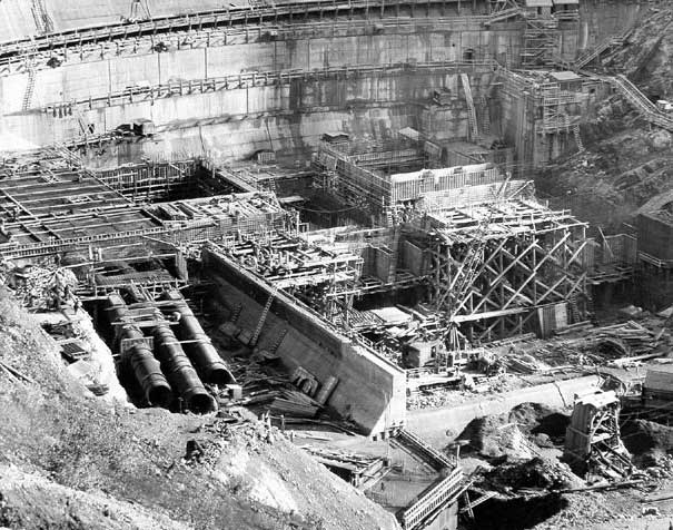 North side of canyon showing Hungry Horse power plant area.