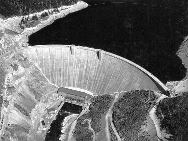 Aerial oblique view of Hungry Horse Dam and powerplant.