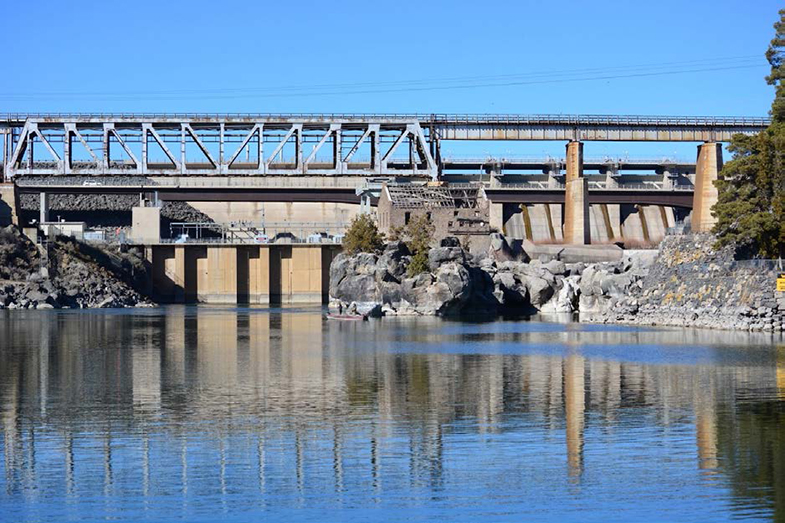 View of the American Falls Dam from downstream on the Snake River.