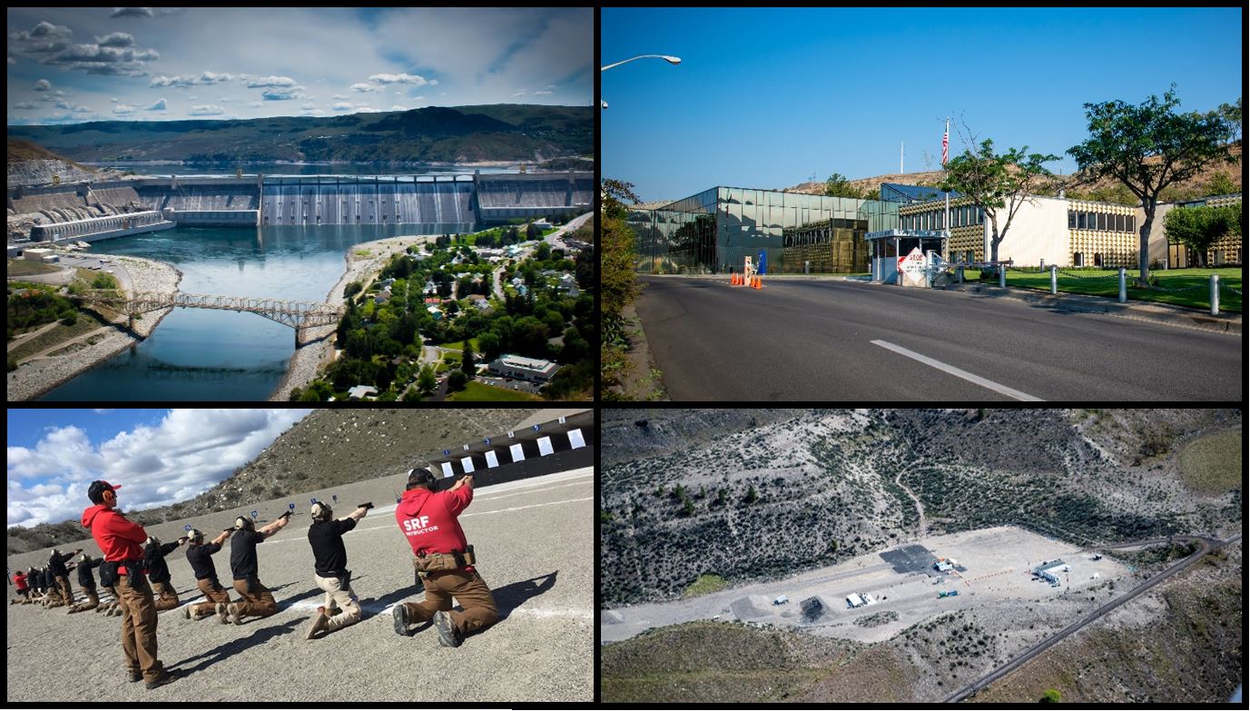 Collage of Grand Coulee Dam landscape, administration building and guard station, aerial view of training facilities, and firing range training.