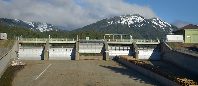 Photo of Cle Elum Dam radial gates with additional 3 feet of height to accommodate the new full pool elevation in the reservoir.