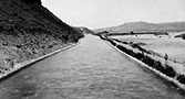 Concrete lined portion of the main South Canal, looking down canal from Boise Diversion Dam. June 13, 1910