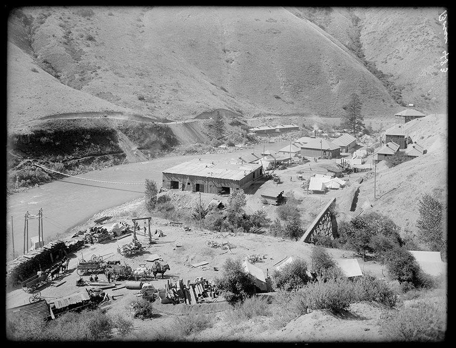 Arrowrock camp and railroad grade. Looking down canyon.