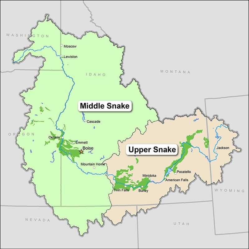 The Snake River Area is divided into the Upper Snake and Middle Snake