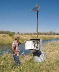 Solar-powered equipment continuously monitors and records canal flows on the Fort Hall project.