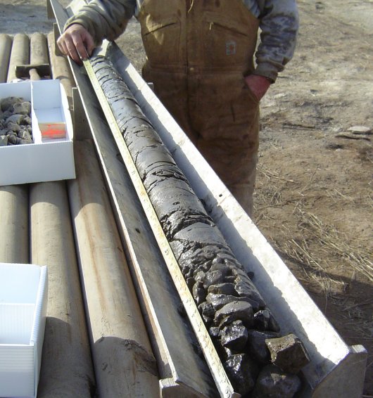 February 2004 Core sample of foundation bedrock from drill hole DH-04-1 at the alternate dam site.