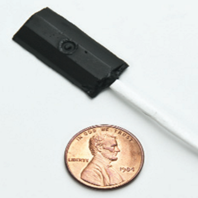 Comparison image of flexible magnetic flux probe with penny.