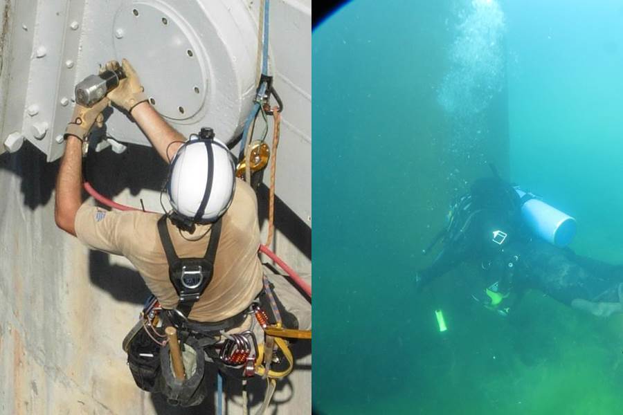  Two photos- one of a rope team repair on a gate and the second of a dive team inspection