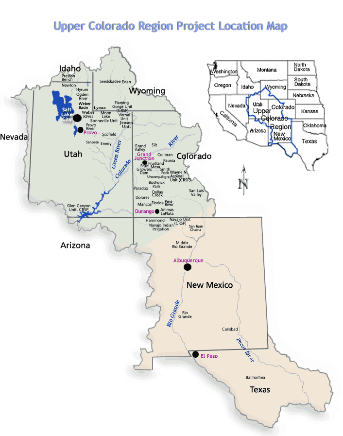 A map showing the Upper Colorado Regions project locations overlayed on top of the western United States.