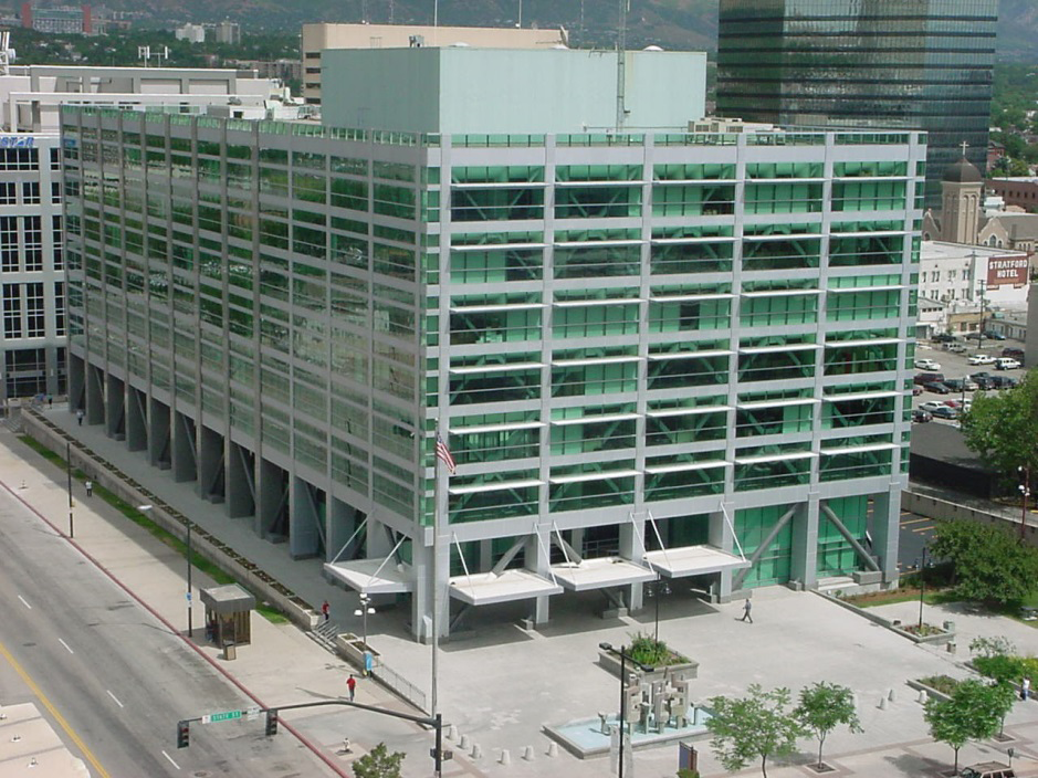 Aerial photo of the Bennett Federal building in downtown Salt Lake City.