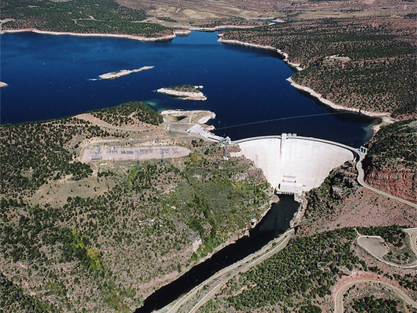 Aerial view of Flaming Gorge Dam and Reservoir