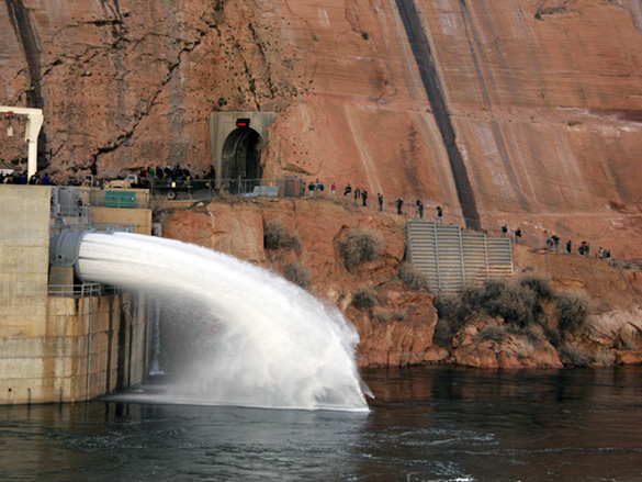 Water rushing from first two jet tubes opened for high-flow experiment at Glen Canyon Dam - March 5, 2008