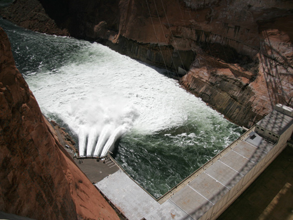 View from top of dam of all four jet tubes open releasing water for high-flow experiment - March 5, 2008